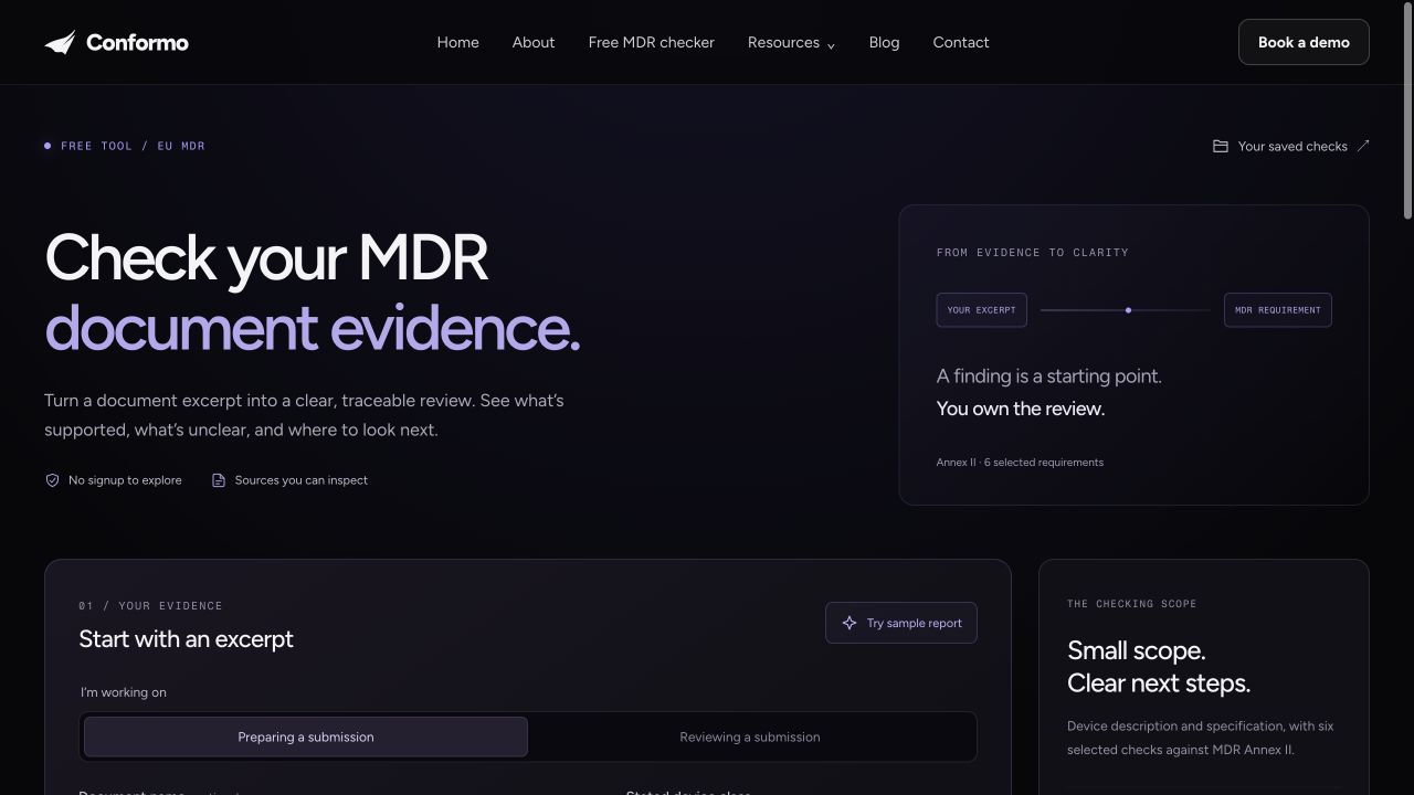 Conformo MDR checker interface with an excerpt input and six selected Annex II checks